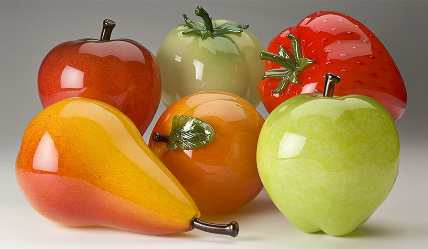 Glass fruit - museum quality, larger-than-life hand blown glass apple, tomato, strawberry, pear and peach